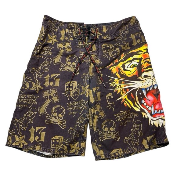 Y2K Ed Hardy Surf or Die Swim Trunks Board‎ Shorts Mens 32 Tattoo Skull Tiger - Picture 2 of 10